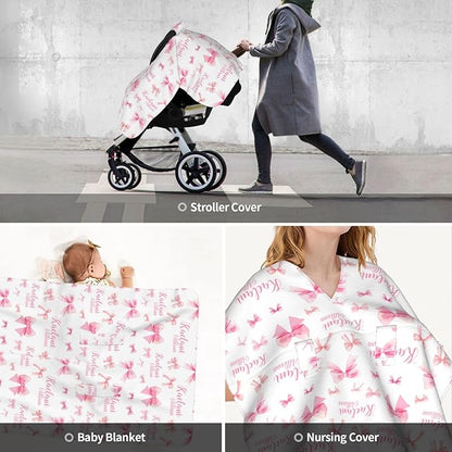 Personalized Baby Car Seat Canopy for Babies, Custom Name Pink Bow Baby Car Seat Covers for Girls, Opening Minky Nursing Breastfeeding Cover for Infant, Carseat Canopies for Newborn