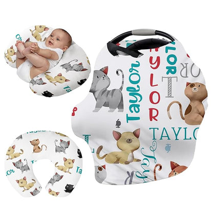 Personalised 7 in 1 Car Seat Cover for Girls and Boys - Multipurpose Breast Feeding White Cat Print Cover, Nursing Cover, Grocery Cart Cover - Birthday Gift for Babies(27"x29")