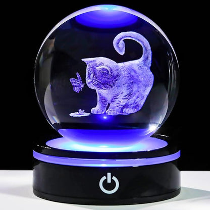 YWHL 3D Cat Crystal Ball Figurine with Colorful LED Base, Laser Engraved Cat Gifts for Women Men Cats Lovers, Glass Cats and Butterfly Statue Decorative Ball for Home Decor (80mm)