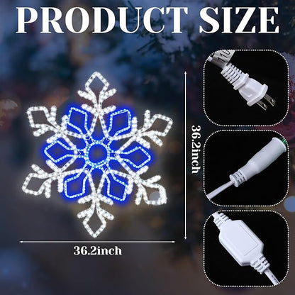 36 Inch Christmas Snowflake Lights Outdoor Decor, Waterproof Blue & White LED Large Light Up Christmas Snowflake Hanging Decorations for Yard Porch Window Holiday Party Winter