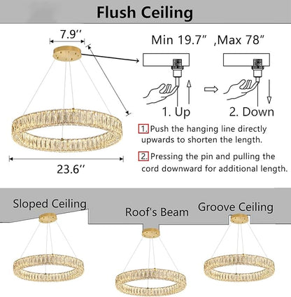 HAIXIANG Modern Crystal Chandelier Dimmable LED Ring Pendant Lights Adjustable Glam Chandeliers Lighting Fixtures for Dining Room Living Room Bedroom Gold Light