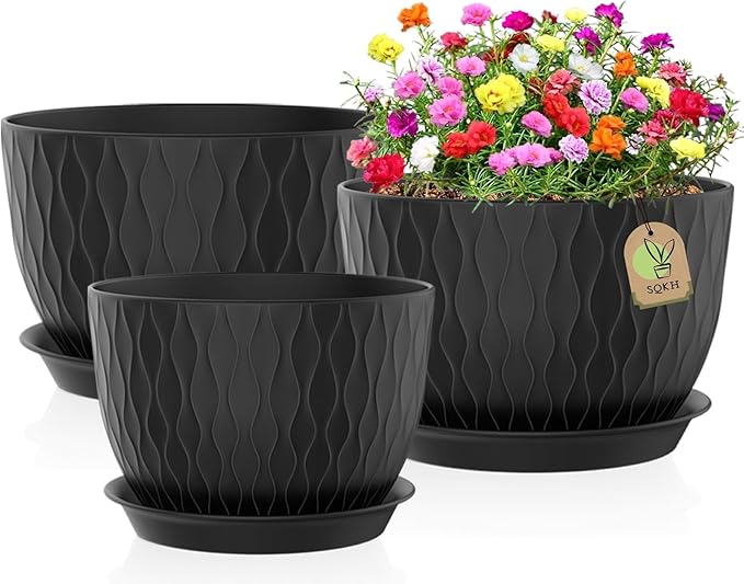 12/10/9 Inch Plant Pots, 3 Pack Large Flower Pots for Indoor and Outdoor Plants with Water Ripples, Large Plastic Flower Pots with Drainage Holes and Tray for Garden Indoor Plants