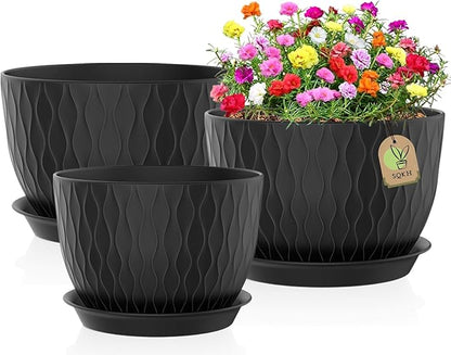 12/10/9 Inch Plant Pots, 3 Pack Large Flower Pots for Indoor and Outdoor Plants with Water Ripples, Large Plastic Flower Pots with Drainage Holes and Tray for Garden Indoor Plants
