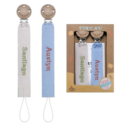 TYRY.HU Personalized Pacifier Clip with Name, Embroidery Webbing Pacifier Holder for Baby Girls and Boys, Neutral Pacifier Leash Universally Fit All Pacifiers, 2 Pack Baby Gift(Grey, Blue)