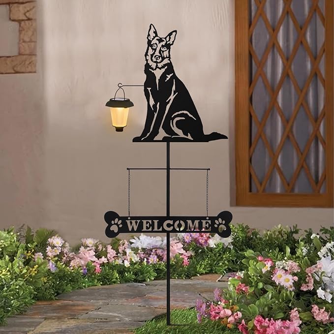 BAYN Solar German Shepherd Silhouette Dog Breed Welcome Sign with a Lantern Outdoor Decorative Garden Stakes for Yard, Lawn, Patio, Pathway