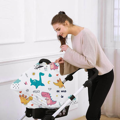 Custom Name Car Seat Canopy - Baby Car Seat Covers, Pink Dinosaur Print Infant Stroller Cover, Carseat Canopy Christmas Birthday Gifts for Girls and Boys(27"x29")