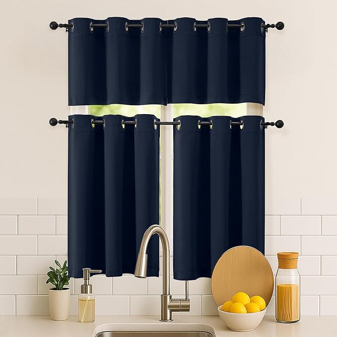 Simplebrand Navy Blue Kitchen Valances for Windows 18 Inches Long 2 Pack, Room Darkening Window Valances for Living Room, Grommet Short Straight Drape Kitchen Curtains for Bedroom Kids Room, 40Wx18L