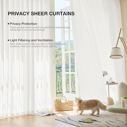 Anmao Non-See-Through Off White Privacy Semi Sheer Curtains for Living Room 80 Inch Length 2 Panels Set, Light Filtering That Let Light in Rod Pocket Window Drapes for Bedroom, 52W x 80L, Ivory White