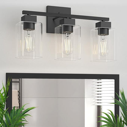 Espird Matte Black Bathroom Vanity Light, 3-Light Vanity Lighting fixtures Over Mirror, Square Design & UL Certification, Wall Sconces with Clear Glass Shades, E26 Socket (Bulbs Not Included)