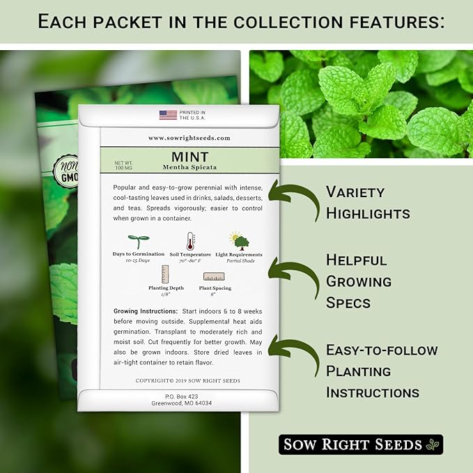 Sow Right Seeds - Herbal Tea Collection - Lemon Balm, Chamomile, Mint, Lavender, Echinacea Herb Seed for Planting; Non-GMO Heirloom Seed, Instructions to Plant Indoor or Outdoor; Gardening Gift