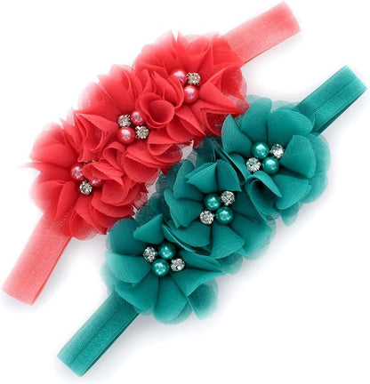 My Lello Flower Headbands Baby - Girls - Toddler Fabric Beaded Stretchy Elastic Pair