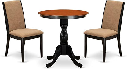 East West Furniture ESLA3-BCH-47 3 Piece Modern Dining Table Set Contains a Round Wooden Table with Pedestal and 2 Light Sable Linen Fabric Upholstered Chairs, 30x30 Inch, Black & Cherry