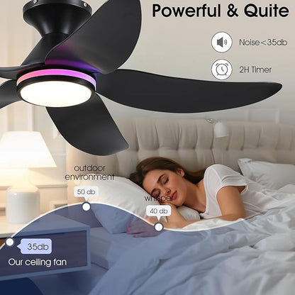 46" Ceiling Fans with Lights Remote/APP Control, Low Profile Ceiling Fans with Dimmable White Colors+Ring RGB Lights, 6 Speeds 5 Reversible Curved Blades for Kids Room Bedroom Living Room Bar, Black