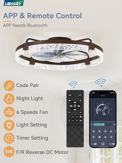 LEDIARY 24 Inch Low Profile Ceiling Fans with Lights and Remote, Flush Mount Fandelier Ceiling Fan, 3000K-6000K Dimmable LED Fan Light, Brown Modern Ceiling Fans with Lights for Bedroom