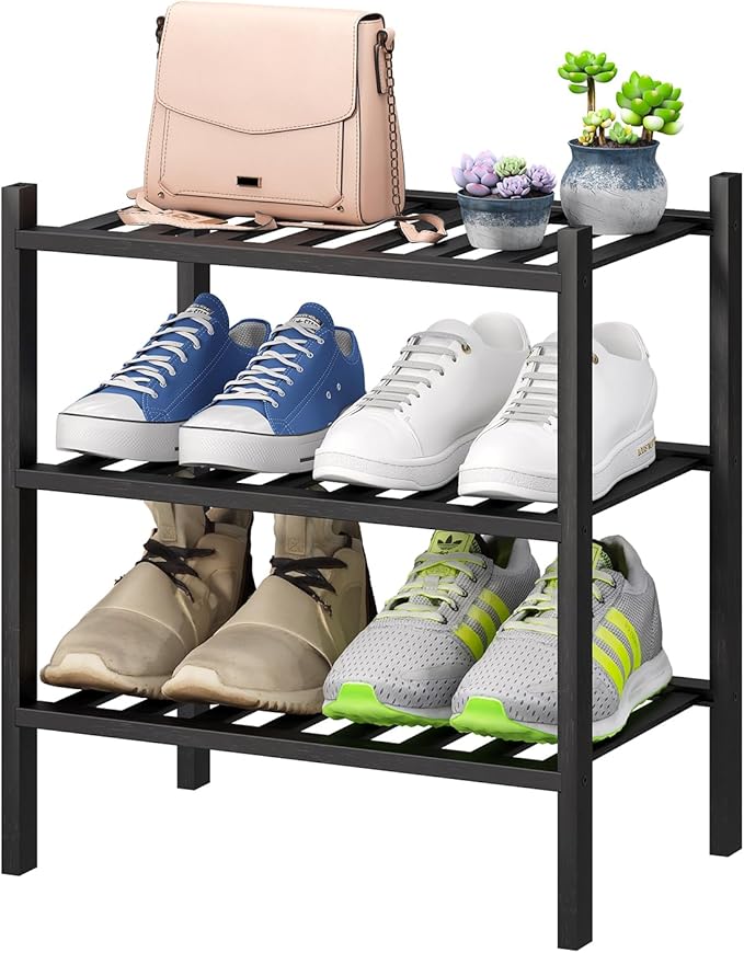 Small Shoe Rack for Entryway,3-Tier Black Bamboo Shoe Organizer for Hallway Closet, Free Standing Shoe Racks for Indoor Outdoor