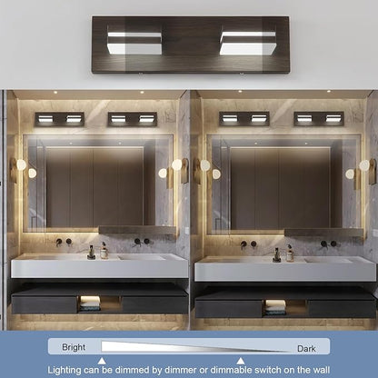 SineRise LED Modern Bathroom Vanity Light Fixtures (2-Light, 15.5-Inch, Dimmable), Brown Wood Painted Modern Acrylic Bathroom Wall Lighting Fixtures Over Mirror (Cool White 6000K)