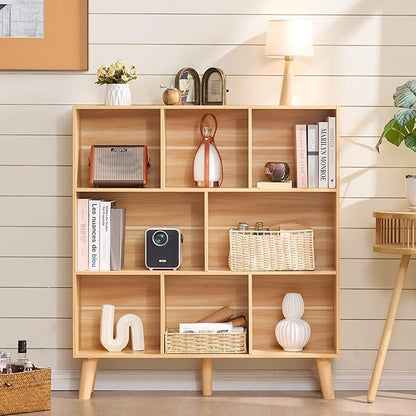 LEYAOYAO Wooden 8 Cube Book Shelf, Natural 3 Tier Bookshelf with Legs, Modern Open Storage Organizer,Boho Bookcase,Display Cabinet Shelf Free Standing Bookshelves for Bedroom,Living Room,Office