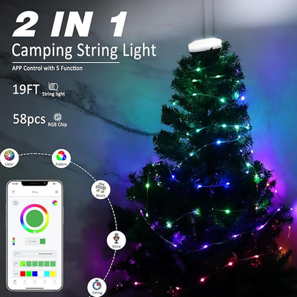 DIBMS 1-Pack LED Camping String Light w/App Control, 19FT Rechargeable Multi-Color Waterproof Hanging Light for Outdoor Camping Awning Tent Garden Party Festival Decor
