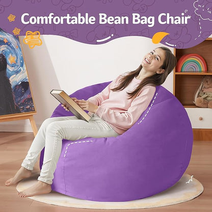 Homguava 2FT Bean Bag Chair: 2' Bean Bags with Memory Foam Filled,Comfy Beanbag Chairs Round Bean Bag Sofa with Dutch Velvet Cover-Purple