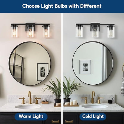 20in Bathroom Light Fixture Over Mirror, 3-Light Matte Black Vanity Lights with Clear Glass Shades, Modern Wall Sconces for Living Room, Bedroom, Hallway, E26 Base