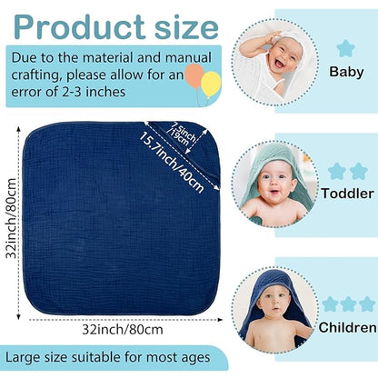 Peryiter 4 Pcs Muslin Hooded Baby Towels 32 x 32 Inch Cotton Newborn Bath Essentials Muslin Infant Blankets Absorbent Registry Gifts for Girl Boy Kids Baby Shower (Blue Series)