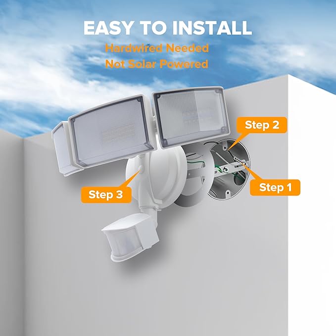 UME 2 Pack 5500LM LED Security Lights Motion Sensor Light Outdoor, 49W, 5000K Daylight, IP65 Waterproof, Dusk to Dawn, 3 Head Motion Detected Flood Light for Garage, Yard, Porch (White)