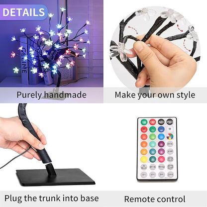 2 PK Cherry Blossom Tree Lights,Artificial Bonsai Tree with 48 Warm White Led Lights, 16.2 Inch Prelit Cherry Blossom Lamp for Christmas Party Wedding Gift Home Tabletop Decoration