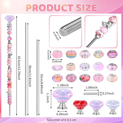 DIY Fairy Wand Garden Beads Stakes Wands Kit,Multiple Color Scheme European Beads Crystal Diamond Tops and 12 or 10 Inch Threaded Rods,Stainless Steel Stakes with Diamond Toppe(Pink+Rose+Red+White)