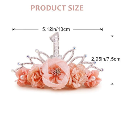 cherrboll Baby Girl Birthday Crown Floral Headband, Soft Flower Head Wrap Tiara Hairband for 1-3 Years Old Toddlers Kids First 1st Birthday Party Dress Photo Decoration