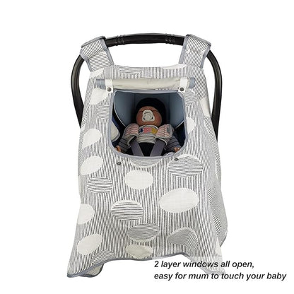 ICOPUCA Car seat Covers for Babies, Muslin carseat Cover Girls/boy, carseat Canopy Light Weight, Breathable, Kick Proof, fit Summer/Autumn/Spring, Black Strip Polka;