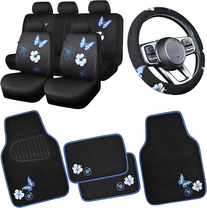 CAR PASS Blue Butterfly Car Seat Covers Full Set, Embroidered Flower Waterproof Car Floor Mats Carpet, Butterflies Steering Wheel Cover for Universal Car Accessories Interior Sets (Black and Blue)