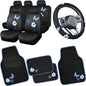 CAR PASS Blue Butterfly Car Seat Covers Full Set, Embroidered Flower Waterproof Car Floor Mats Carpet, Butterflies Steering Wheel Cover for Universal Car Accessories Interior Sets (Black and Blue)
