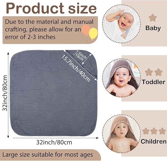 Peryiter 6 Pcs Muslin Hooded Baby Towels, 32"x 32" Cotton Newborn Bath Towel Muslin Infant Baby Blankets Absorbent Unisex Newborn Registry Gift Essentials for Girls Boys (Elegant Color)