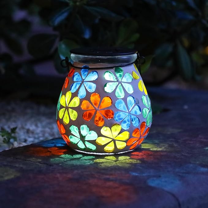 Afirst Mosaic Solar Lanterns Outdoor - Glass Hanging Solar Lights Hollow Out Waterproof Table Lamp Outdoor Decorative for Garden, Patio, Holiday Party Outdoor Decoration