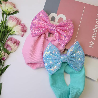 7'' Sequin Baby Headbands, Pink Big Bows for Baby Girls - Soft Stretchy Newborn Bows, Infant to Toddler Hair Accessories, 0-6Months Blue Light Pink