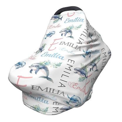 Personalized Baby Car Seat Cover with Name Stroller Canopy Custom Whale Carseat Cover Newborn Baby Boy Girl Nursing Cover for Moms First Birthday Gift