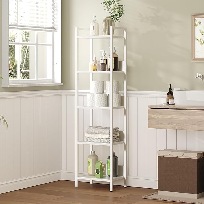 Bookshelf, 5-Tier Bookcase, Standing Book Shelf for Small Space, Storage Shelf Organizer, for Living Room, Bedroom, Study, Balcony, White BKBW5501