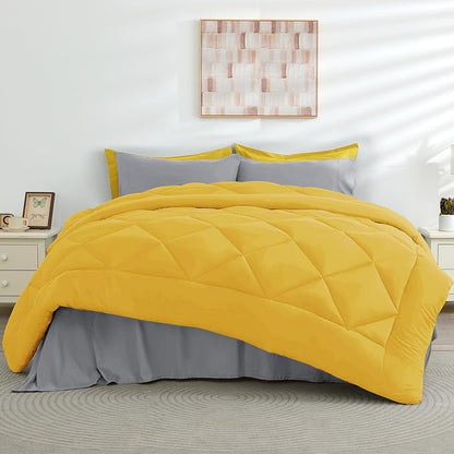 HEVUMYI Twin-XL Comforter Set - 5-Piece All Season Bed in a Bag Twin-XL, Ultra Soft Bedding Set with Comforter, Flat Sheet, Fitted Sheet, Pillowcases, Pillow Shams, Yellow & Light Grey