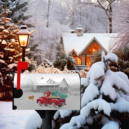 Winter Mailbox Cover Red Truck Snowflake Mailbox Wrap with Magnetic Strip Christmas Dog Snowy Letter Post Box Cover Decoration Welcome Home Outdoor Standard Size 21" Lx 18" W