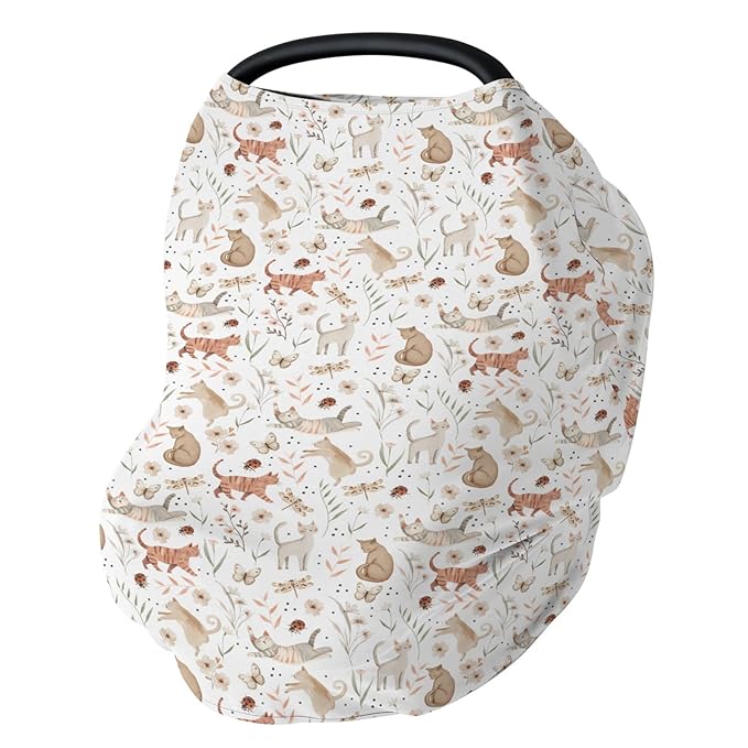 Cute Cat Boho Floral Leaves Baby Car Seat Covers Fun Kittens Meadow Butterflies Stretchy 5-in-1 Cover Adjustable Infant Carseat Canopy Cover Cats Lover Gift Breathable Nursing Cover-Up