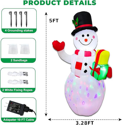 5FT Rotating LED Inflatable Snowman Outdoor Decor - Christmas Blow Up Yard Decoration with Waterproof Design, Holiday Lawn Ornament for Xmas Party Ideal Kids Gift