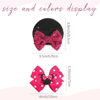 2 Pairs Rose Red Mouse Ears Hair Clips & Mouse Hair Bows Barrettes for baby Girls Accessories Birthday Party Decorations Gift