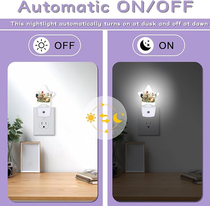 Chickens Hens Decorative Nightlight Plug in Wall,Grass Star Shaped Night Light with Built in Sensor for Home Decor,Kitchen Hallway Stairs Desk Lamp