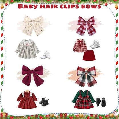 Obeoby Hair Bows with Hair Clips for Girls Toddlers, 8 Pcs Handmade 5" Floral Hair Accessories Red Bow for Kids 2-12 years Stocking Stuffers Christmas Gifts for Baby Teens Birthday School Party