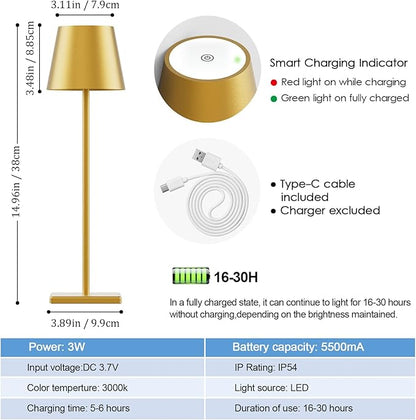 2-Pack LED Cordless Table Lamp 3W 5000mAh Rechargeable Battery Operated Stepless Dimmable Portable Lamp for Restaurant, Bedroom, Outdoor (Gold)