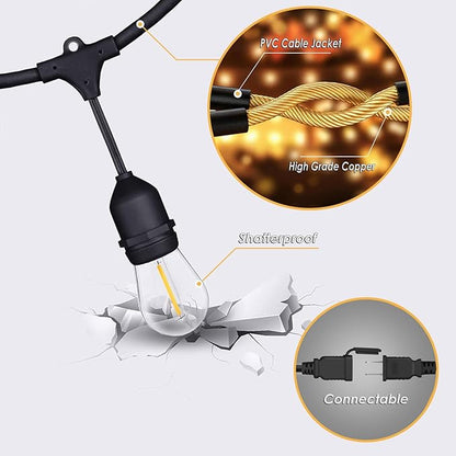 1-Pack 150 ft Outdoor String Lights with Remote Patio Lights Weatherproof, 45+3 Spare S14 Shatterproof Warm 2200K Bulbs, 3 Lighting Modes&Dimmable&Timer