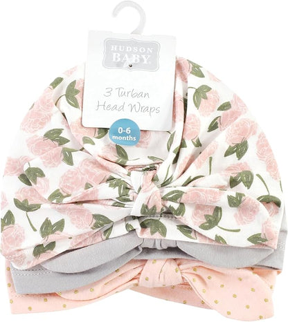 Hudson Baby Infant Girls Turban Cotton Headwraps, 0-24 Months