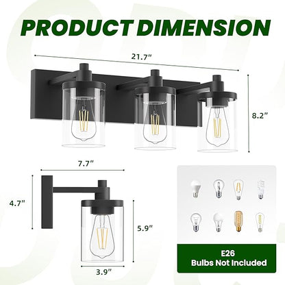 Bathroom Vanity Light, 3 Light Matte Black Vanity Light Fixture with Clear Glass Shade, 22 in Modern＆Farmhous Vanity Lights, Bathroom Light Fixtures Over Mirror for Bathrooms, Livingroom