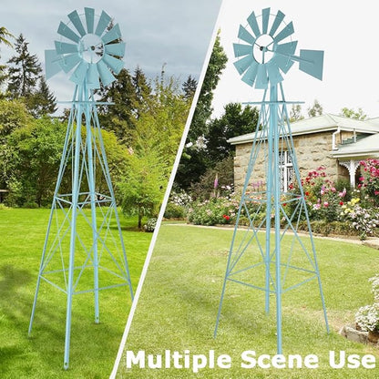 8FT Windmill for Yard Garden Decoration with Weather Vanes，Heavy Duty Outdoor Wind Mills, Large Metal Outdoor Windmill,Weather Resistant,Blue