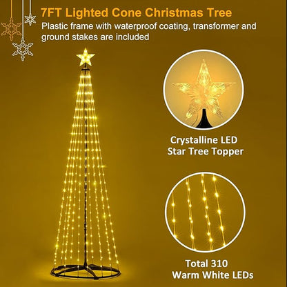 SUNNYPARK Christmas Outdoor Lighted Trees 7FT Prelit Christmas Cone Tree with 310 LEDs 8 Lighting Modes and Timer for Indoor Outdoor Xmas Porch Lawn